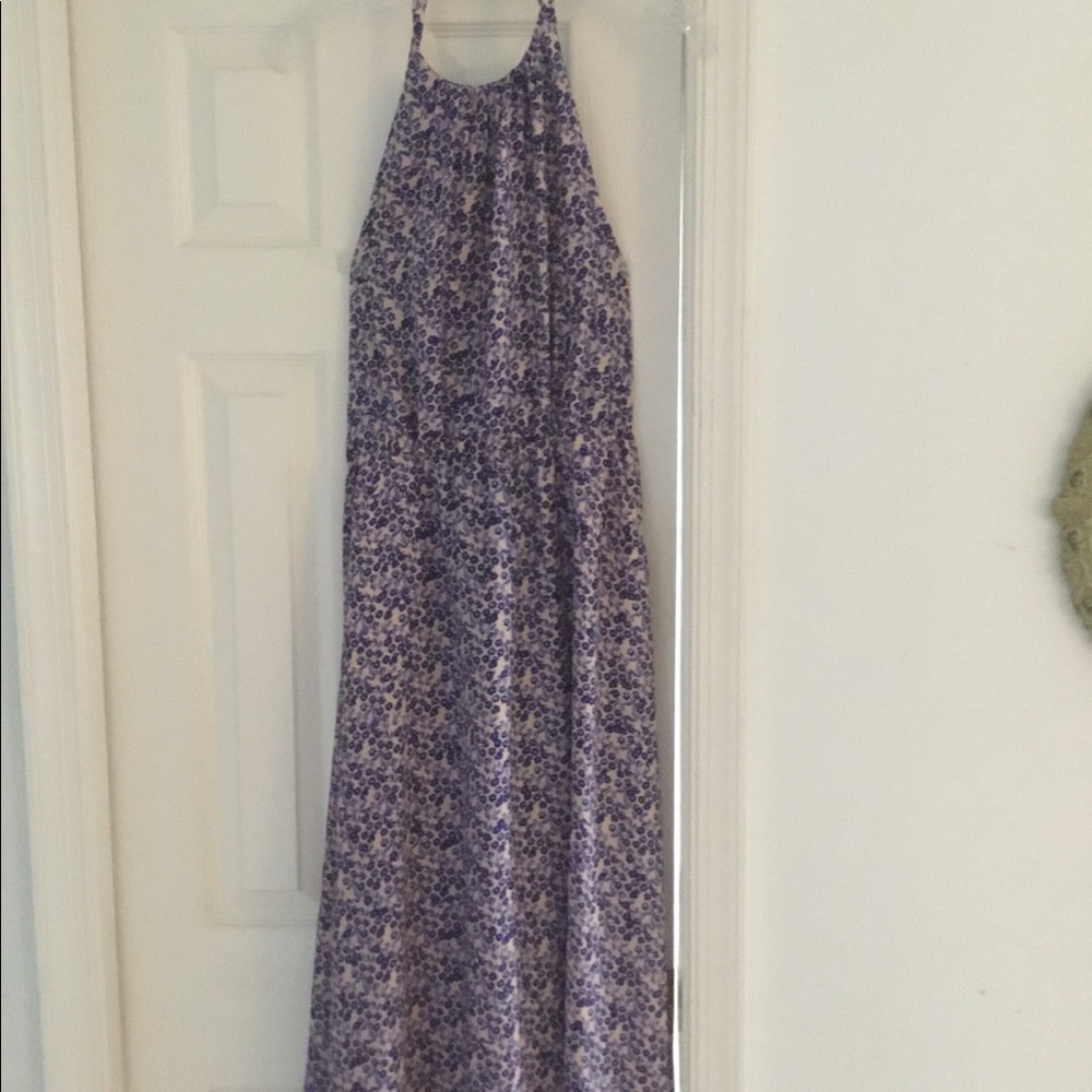 Blue and white floral halter dress